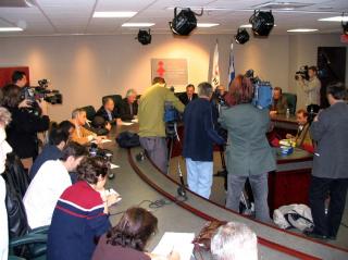 Les médias étaient nombreux à la conférence de presse de la FTQ et du syndicat des cols bleus de Montréal, ce matin à 10h30. Le point de presse a été diffusé en direct sur RDI. <br> <br>Photo Service de l’information SCFP